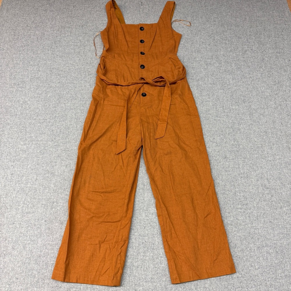 Hyfve Button Front Wide Leg Jumpsuit Small Burnt Orange Rust Tie Waist Pocket